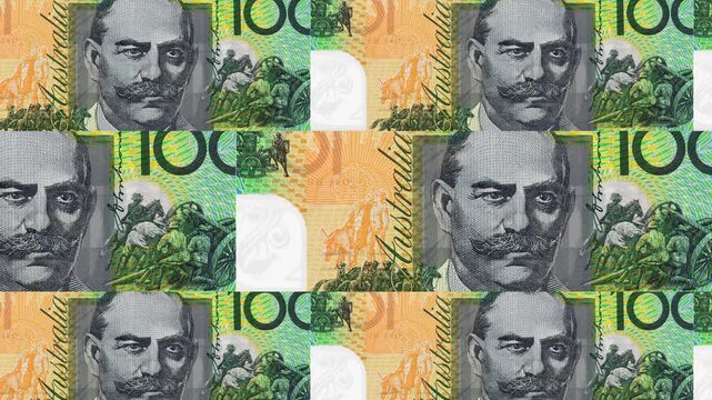 Australian dollar banknotes sliding animation with realistic camera angle. Money falling down animation on Green screen