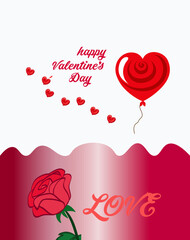 Valentine day greeting card with red heart balloon rose flower and love typography over white background for romantic celebration of anniversary wedding engagement or special event