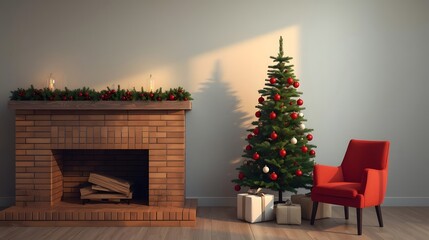 Cozy Christmas scene with a decorated evergreen tree a brick fireplace with stockings and a red armchair perfect for holiday greetings winter celebrations and festive home decor concepts rendered in r
