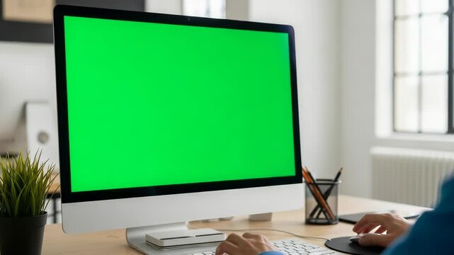 Person working on computer with green screen for custom content