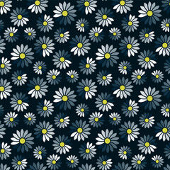 Small white and blue flowers isolated on a dark background. Cute floral seamless pattern. Simple flat vector graphic illustration. Texture.