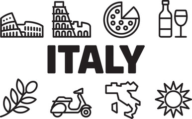 Fototapeta premium Italy vector icon set with country map, colosseum, pizza, and cultural symbols