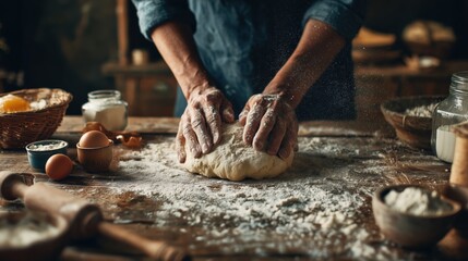 Hands kneading dough on a wooden table in a kitchen with various baking ingredients around