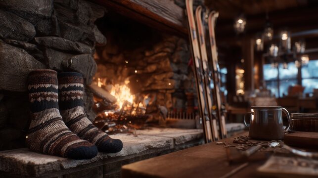 Cozy indoor scene with socks by a fire and ski equipment in a warm lodge setting during winter time