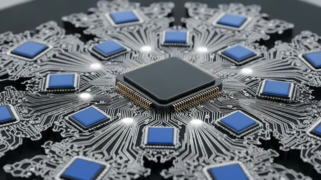 Close-up of a computer microchip on a circuit board with blue chips