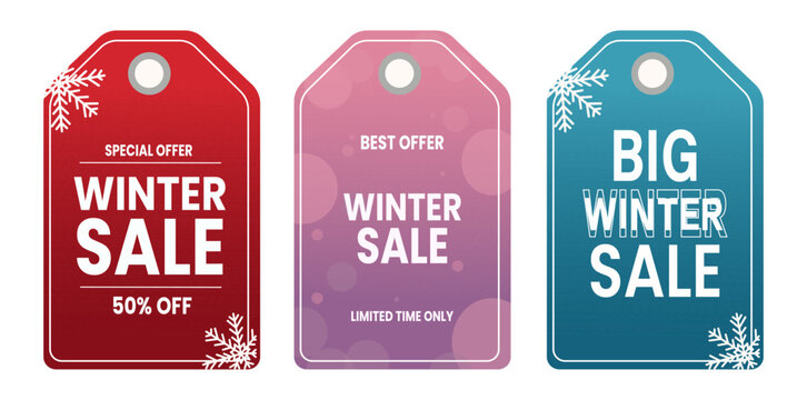 Set of three winter sale vector tags with snowflakes on red, purple, and teal backgrounds. Festive holiday discount labels for special offers, limited time retail marketing, and shop promotions.