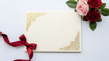Blank cream certificate with ornate corners, red ribbon, and roses on white background