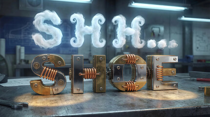 Innovative mechanical shoe art intricate metal copper gears springs artistic SHH smoke lettering industrial workshop