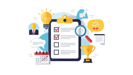 Business Checklist with Magnifying Glass and Trophies. © Kelik