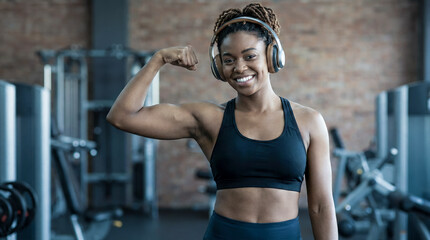 Fototapeta premium Strong black woman flexing biceps wearing headphones in gym