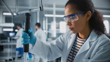 Scientist conducting laboratory experiment with colored liquids - Powered by Adobe