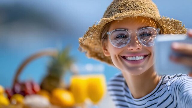 Summer Selfie: A radiant woman, wearing a stylish hat and sunglasses, pauses her delightful moment and takes a selfie, capturing her joy amidst a backdrop of summer treats and scenic views.