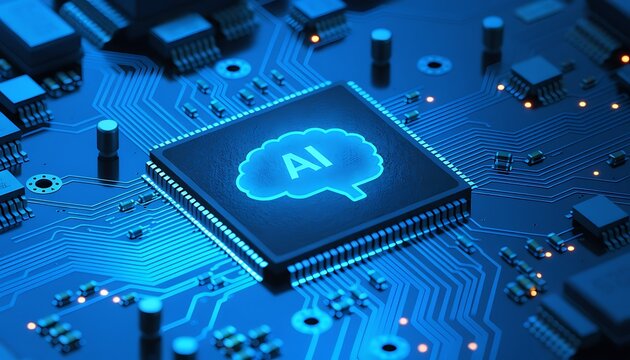 Close-up AI Microchip on Blue Circuit Board: Advanced Technology and Artificial Intelligence Concept