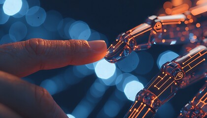 Human finger touching robotic hand's digital circuit tip, representing future technology interaction concept