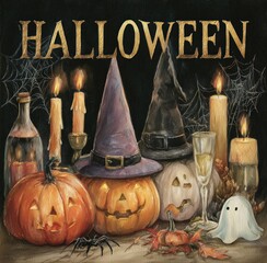 Spooky Halloween party invitation featuring pumpkins, witches, and festive decorations for a haunting good time