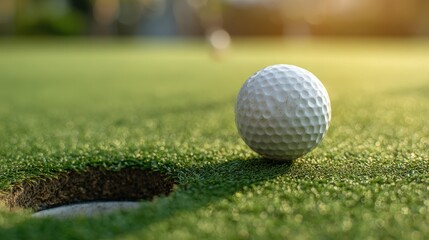 Obraz premium Golf Ball Approaching Hole on Putting Green in Golden Afternoon Light
