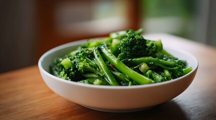 Fototapeta premium Vibrant green broccolini lightly seasoned with chili presented in a clean white bowl on a rustic wooden table during golden hour