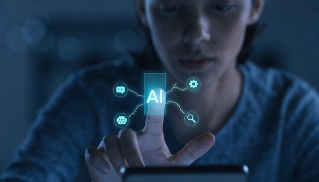 Person Touching AI Interface with Icons: Technology, Innovation, Brain, Chat, Search, Gear