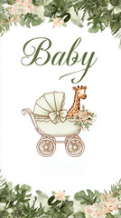 Celebrate the joy of a new life with a charming baby shower invitation featuring a giraffe in a baby carriage