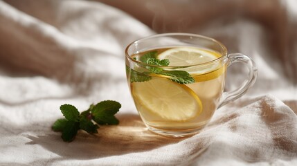 Transparent cup filled with herbal tea, garnished with fresh mint leaves and lemon slices, resting on soft fabric, creating a warm and inviting atmosphere for relaxation and enjoyment