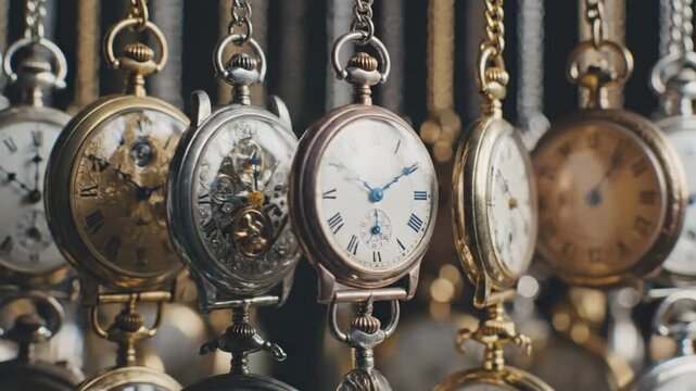 Vintage pocket watches hanging in a row, a timeless display of antique craftsmanship and intricate design.