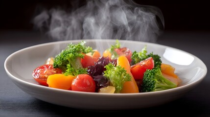 A hot steaming bowl of colorful mixed vegetables showcasing fresh ingredients prepared healthily
