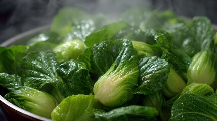Steaming fresh bok choy with visible moisture and steam highlighting its vibrant green leaves in a close up culinary shot
