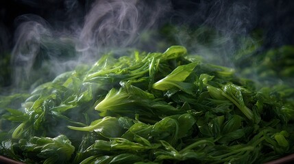 Close up of freshly steamed green leafy vegetables emitting gentle steam suggesting a healthy meal