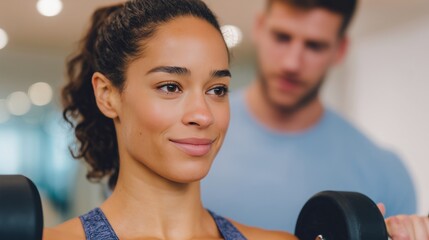 Athletic woman lifting weights in a gym, focused on her workout, with a male trainer providing support and encouragement, showcasing strength and dedication to fitness