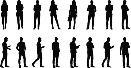 Collection of black silhouettes showing women standing in various professional and casual poses for business design reference human figure body language illustration © Sriyani