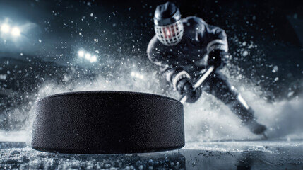 Player takes a shot at the puck in a hockey stadium, ice and snow flying in the air as the puck is in focus against the dark backdrop