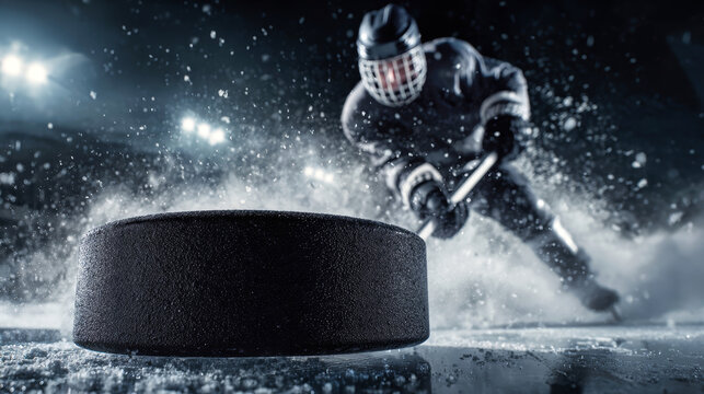 Player takes a shot at the puck in a hockey stadium, ice and snow flying in the air as the puck is in focus against the dark backdrop