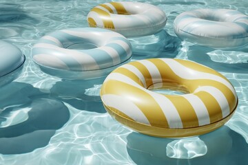 Bright pool floaties in pastel colors create a cheerful scene on a sunny day