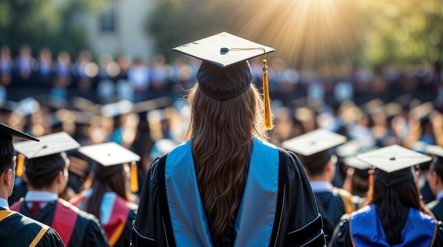 An inspiring and emotionally charged university graduation ceremony scene captured from the backside of a college graduate wearing a classic black cap and flowing academic gown