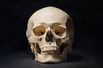 Intriguing oil painting capturing the essence of a front facing human skull in a deep, shadowy background