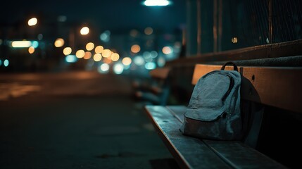 Backpack on a park bench at night with blurred city lights. Urban atmosphere concept, travel, or loneliness. City street background.