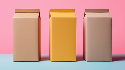 Three blank milk or juice cartons standing on a blue surface with a pink background. Minimalist product packaging design for beverage advertisement.