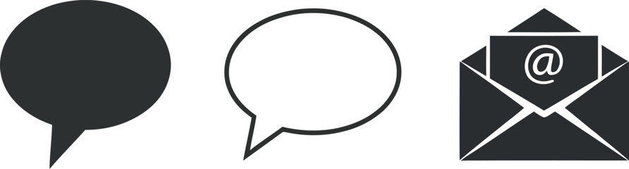 Speech bubble icons and email envelope with at symbol on white background chat message