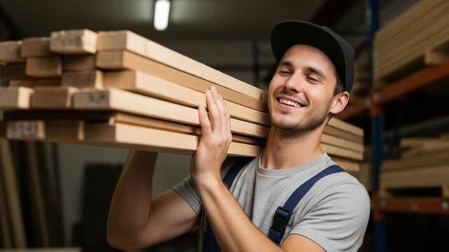 Smiling worker carrying stack of lumber in warehouse