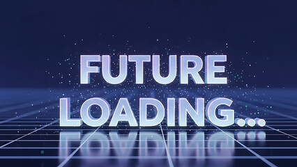 Future loading graphic with glowing text and a digital horizon
