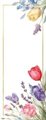 Celebrate spring with a vibrant floral border featuring tulips, roses, and lavender in soft pastel tones