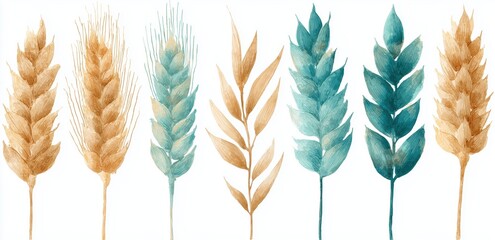 Wheat and teal botanical art featuring delicate plant forms in a serene composition