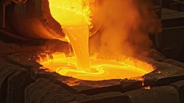 Molten metal pouring in industrial foundry. Glowing liquid stream during casting process, high temperature metallurgy.