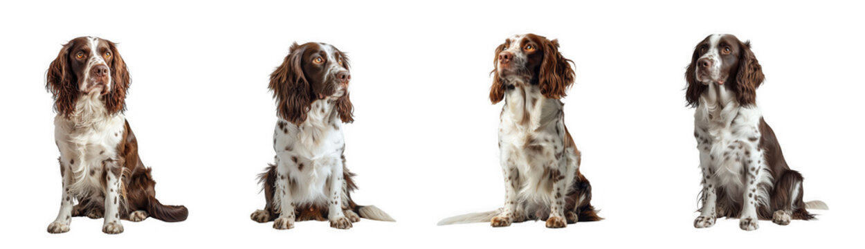 Four english springer spaniel dogs sitting and looking in different directions isolated on transparent background