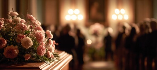 Close-Up of Roses on Casket in Softly Lit Chapel with Attendees in Silhouette