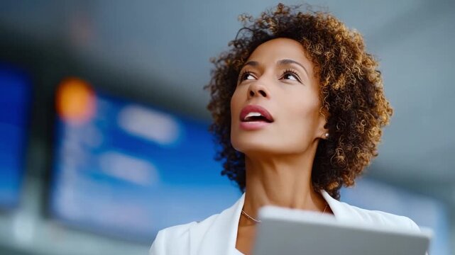 Strategic Outlook: A focused professional gazes upwards, seemingly contemplating the future while clutching a tablet, symbolizing forward-thinking, strategy, and innovative approach.