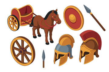 Ancient Roman and Greek military equipment collection featuring chariot, horse, shield, spears, and helmets, illustrating historical battle gear.