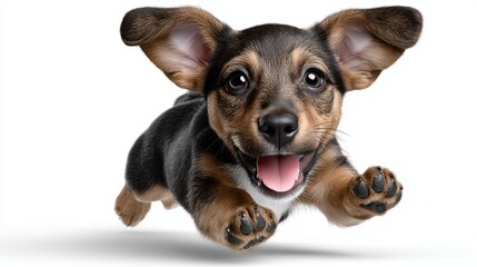 An enthusiastic young dachshund demonstrates spirited leaps and joyful movement in minimal setting