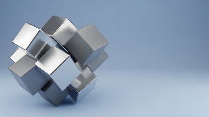 A striking arrangement of polished silver cubes interlocks and balances on a light blue gradient background