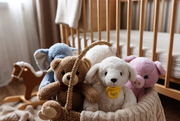 A charming collection of plush toys in a cozy nursery with a crib and rocking horse